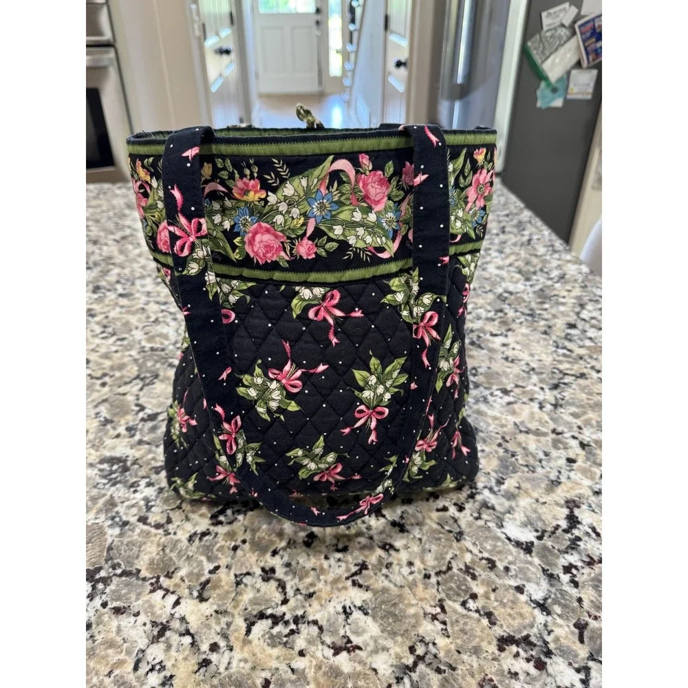 Vera Bradley Mayfair Floral Quilted Cotton Tote Bag Black Pink Green Made in USA